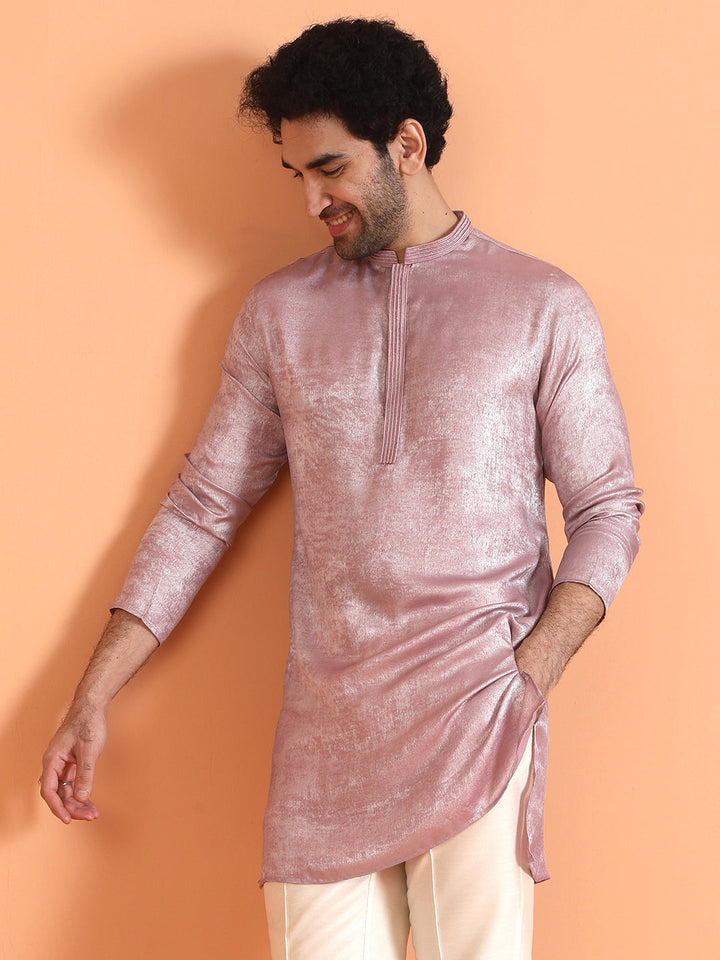 Pink Metallic Textured Cotton Silk Kurta For Men | SHOBITAM