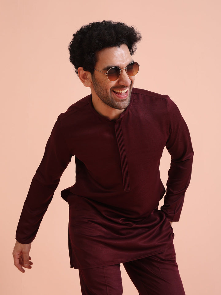 Wine Poly Silk Solid Mid Kurta For Men | SHOBITAM