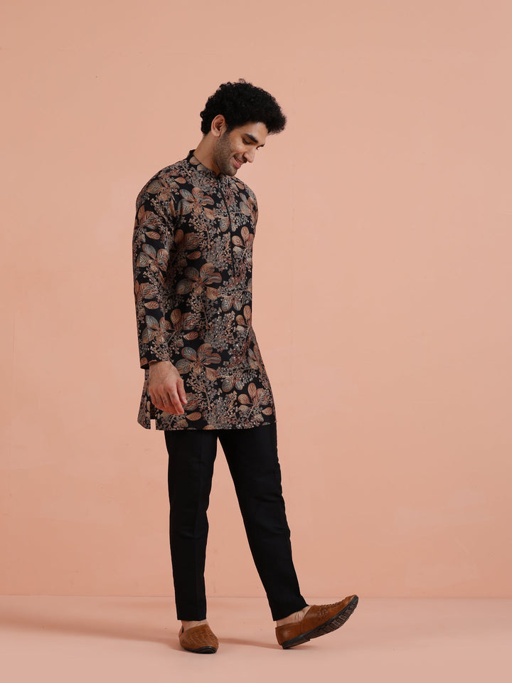 Black Kurta with Golden Floral Print For Men | SHOBITAM