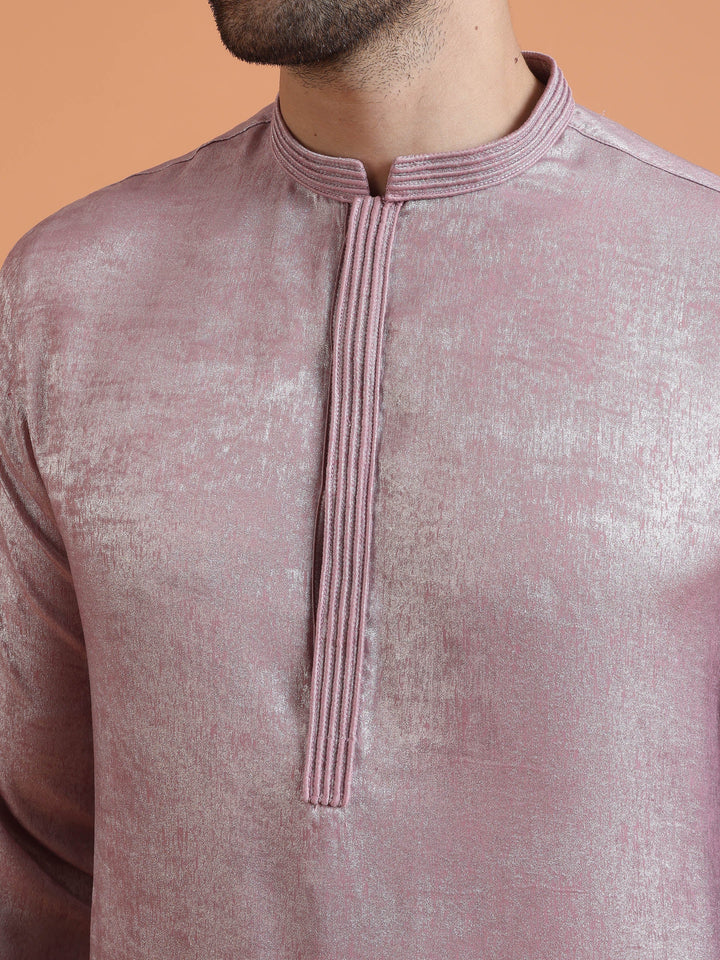 Pink Metallic Textured Cotton Silk Kurta For Men | SHOBITAM