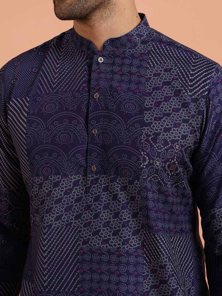 Navy Blue Art Silk Printed Long Kurta | SHOBITAM