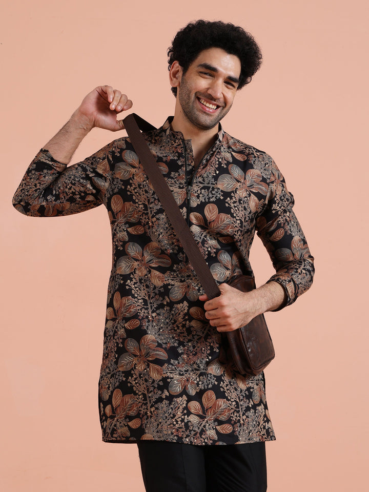 Black Kurta with Golden Floral Print For Men | SHOBITAM