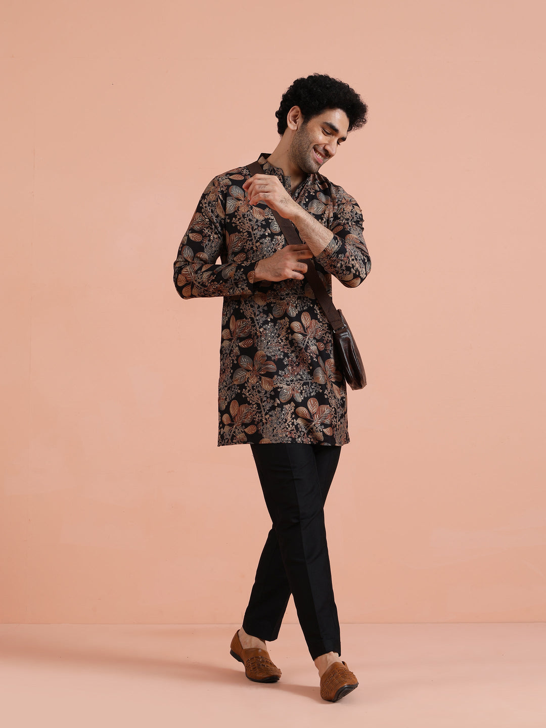 Black Kurta with Golden Floral Print For Men | SHOBITAM