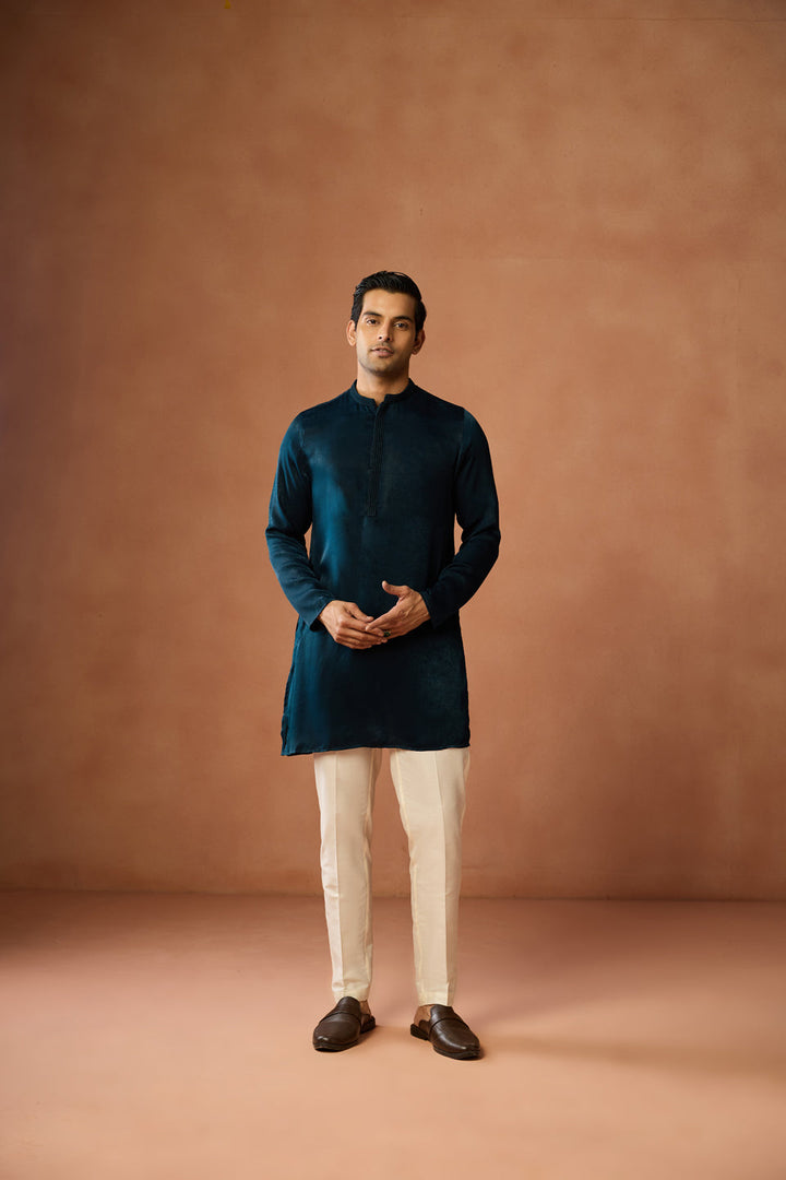 Navy Blue Silk Blend Velvet Mid Kurta For Men | SHOBITAM