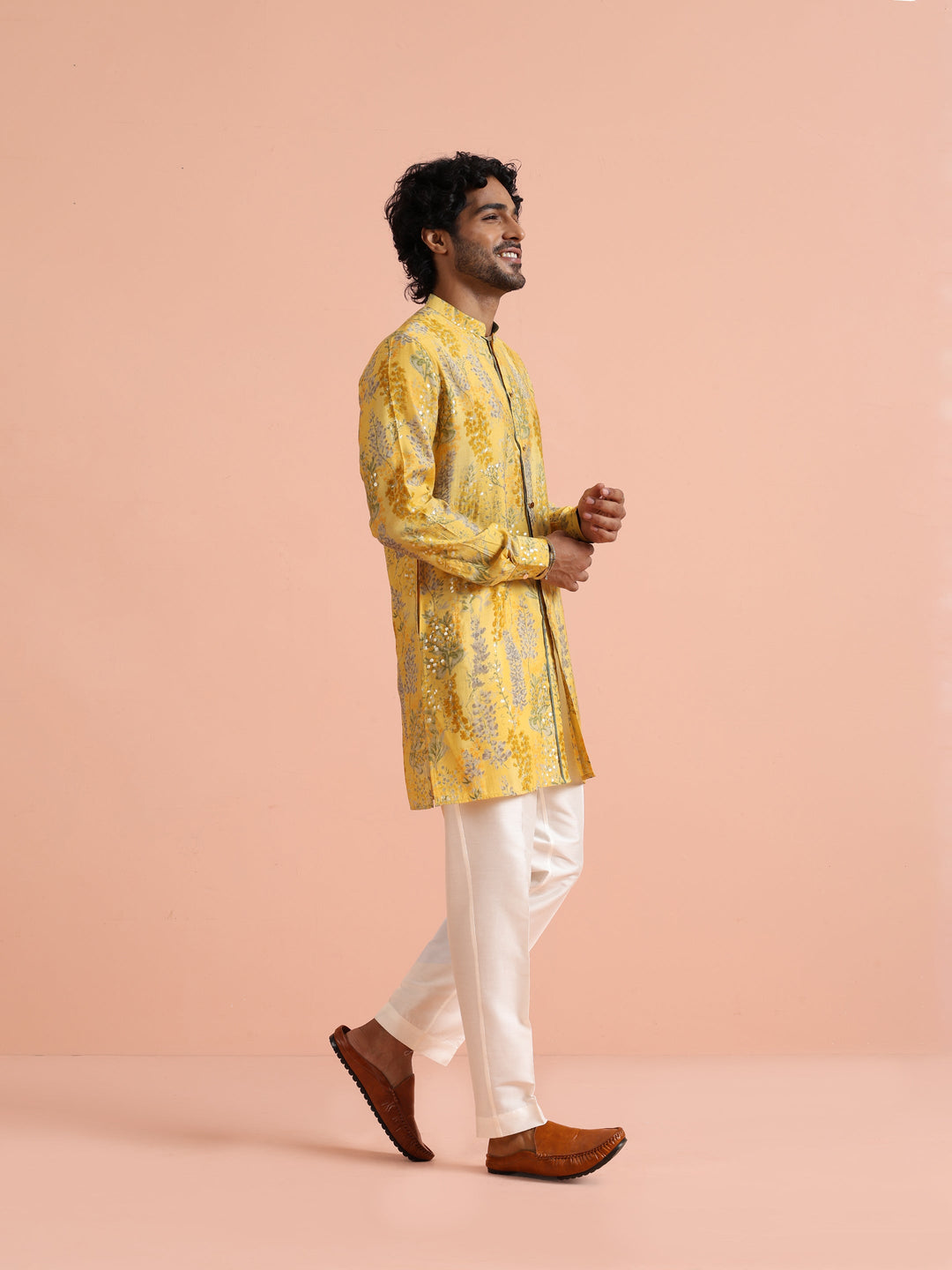 Yellow Floral Sequinned Mid Kurta | SHOBITAM