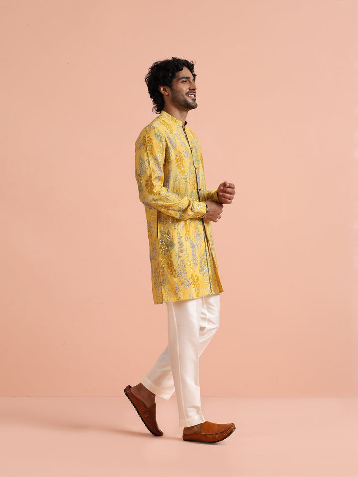Yellow Floral Sequinned Mid Kurta | SHOBITAM