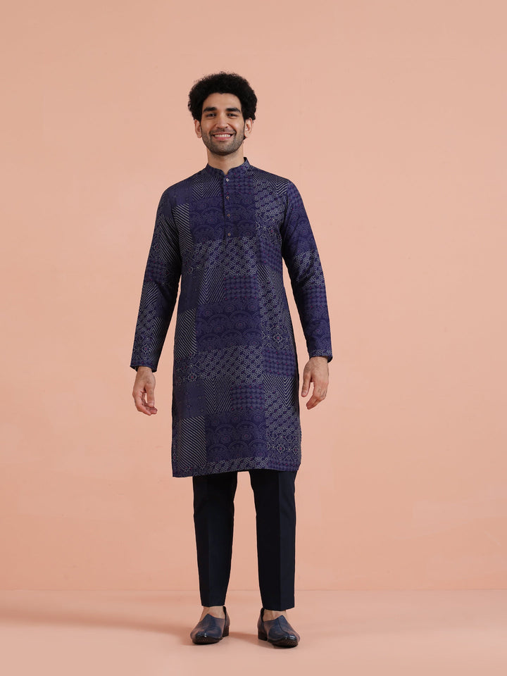 Navy Blue Art Silk Printed Long Kurta | SHOBITAM