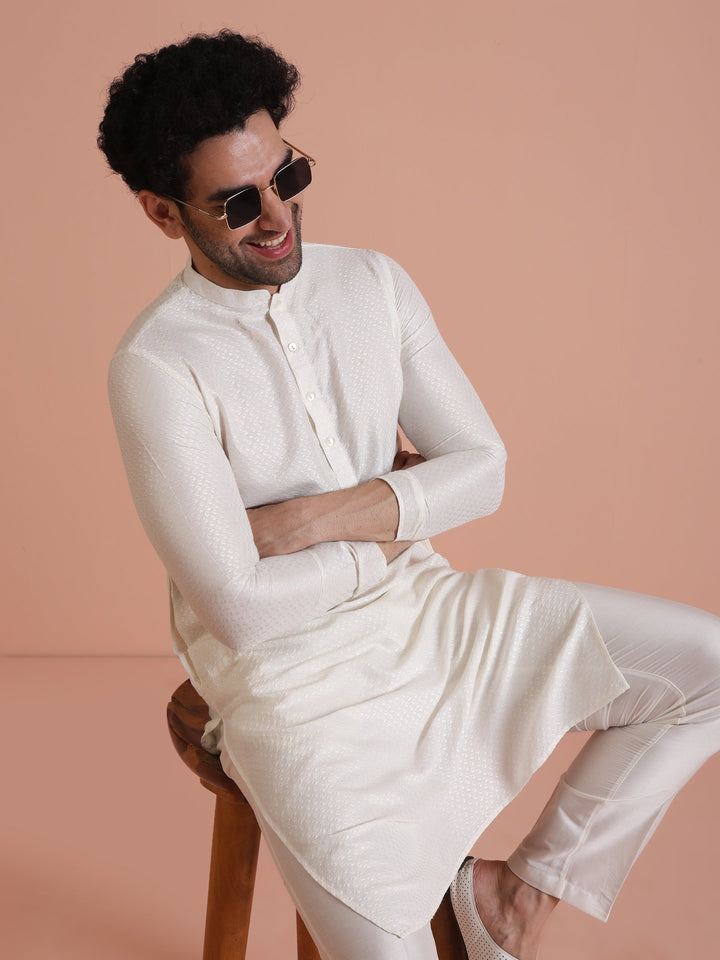 Cream Jacquard Silk Blend Kurta Trouser Set | SHOBITAM