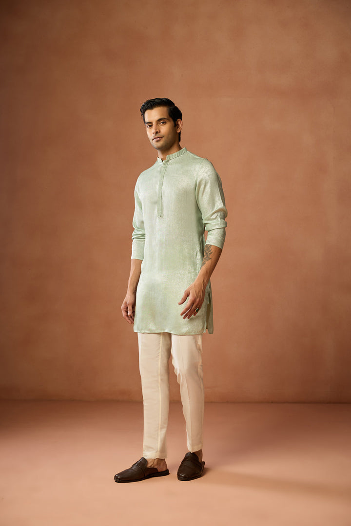 Mint Green Silk Blend Solid Mid Kurta For Men | SHOBITAM