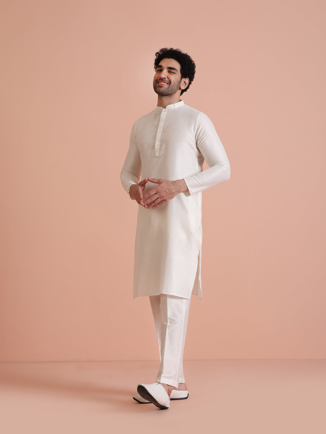 Cream Jacquard Silk Blend Kurta Trouser Set | SHOBITAM
