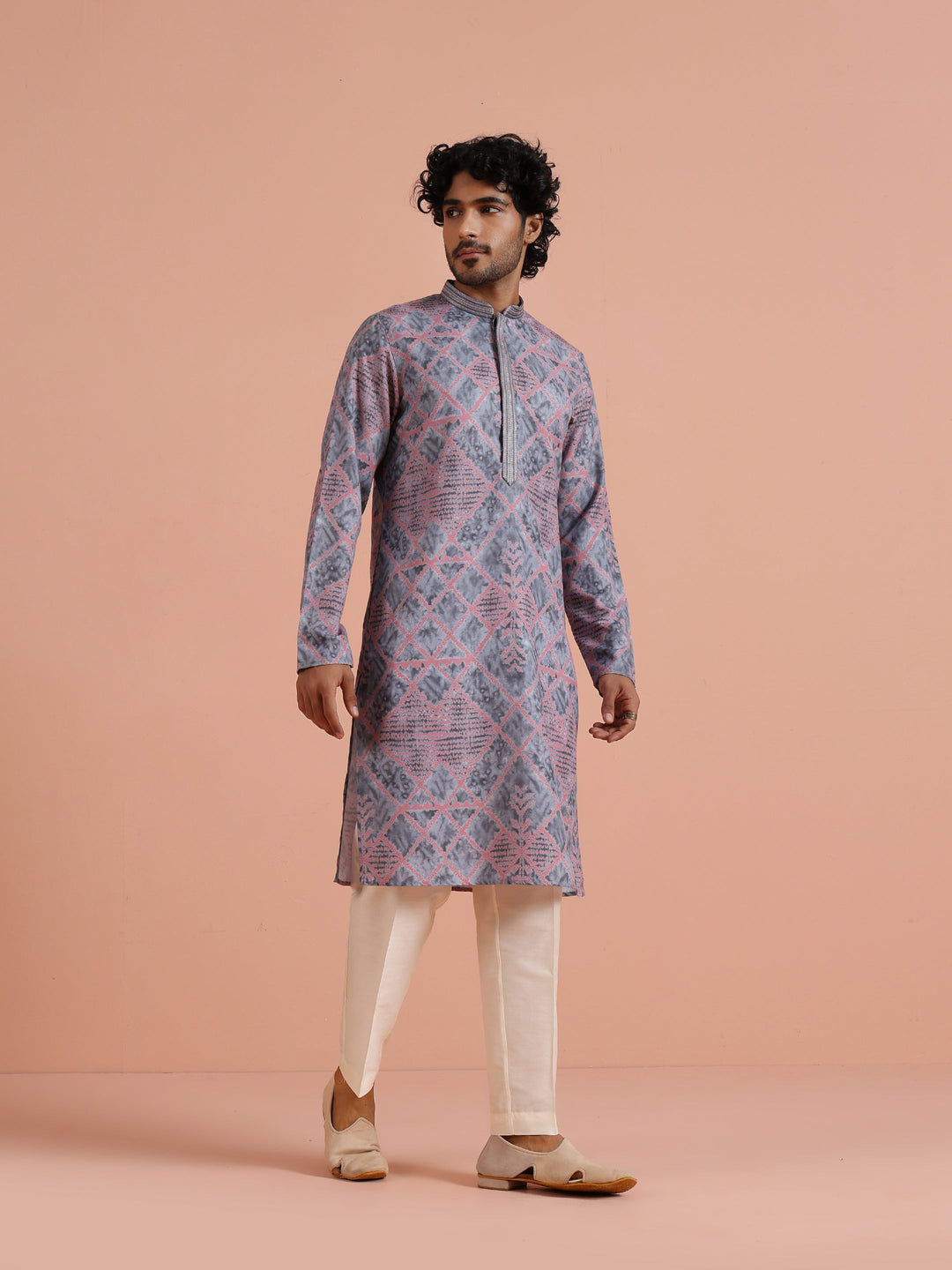 Grey & Pink Geometric Printed Kurta | SHOBITAM