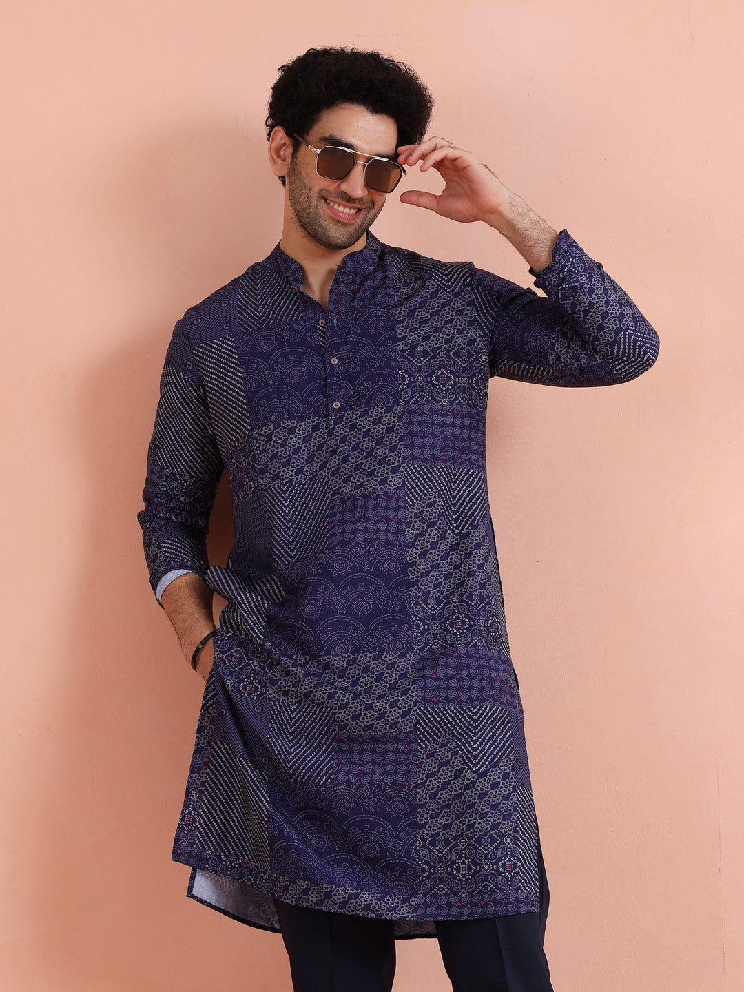 Navy Blue Art Silk Printed Long Kurta | SHOBITAM