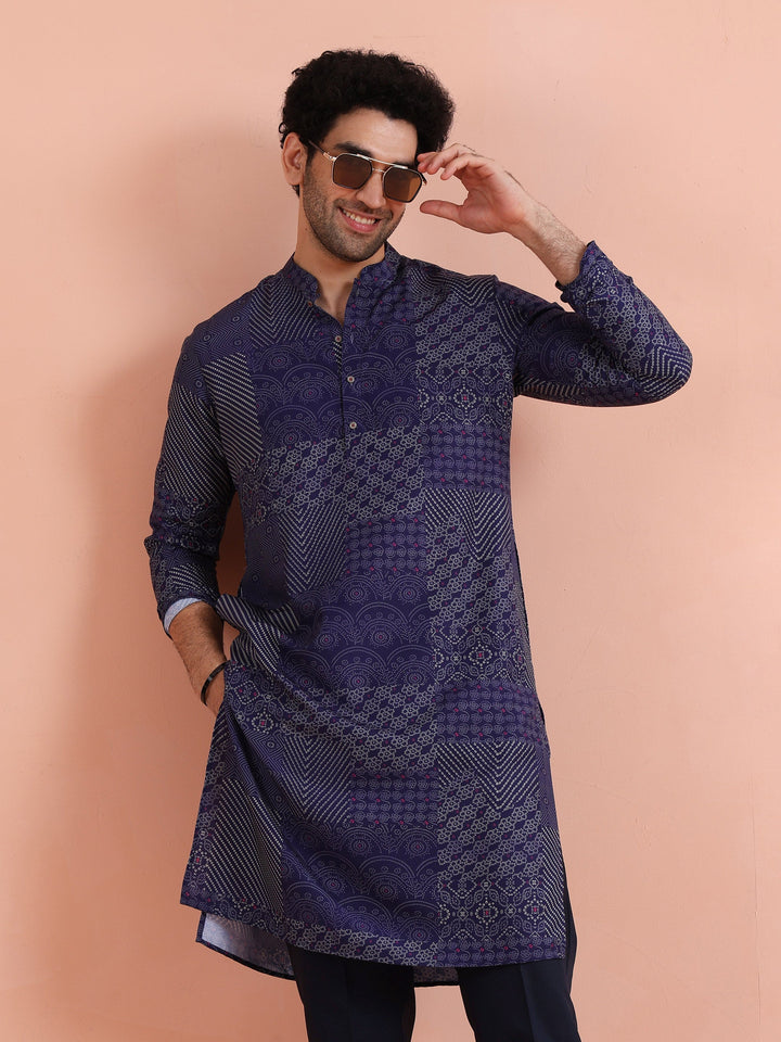 Navy Blue Art Silk Printed Long Kurta | SHOBITAM