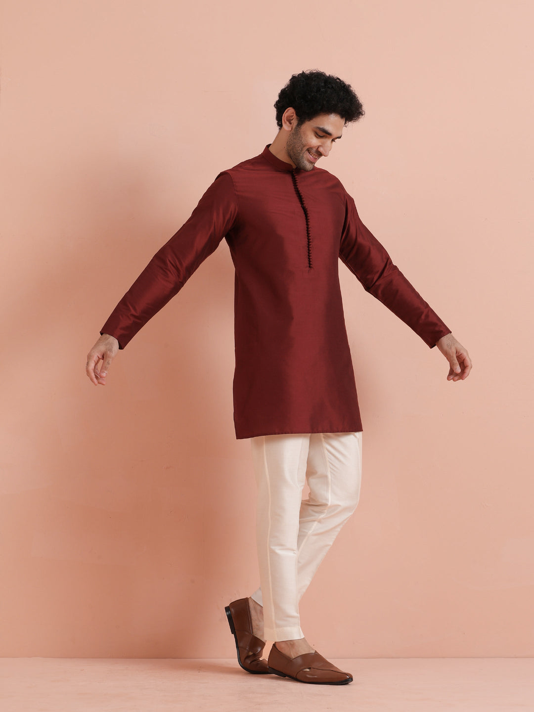Maroon Solid Cotton Kurta Trouser Set | SHOBITAM