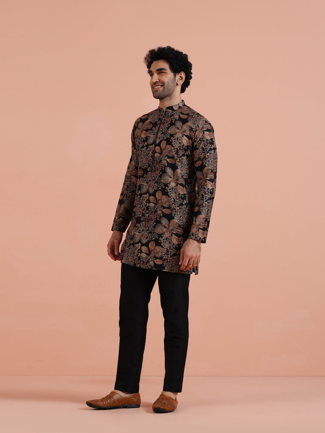 Black Kurta with Golden Floral Print For Men | SHOBITAM
