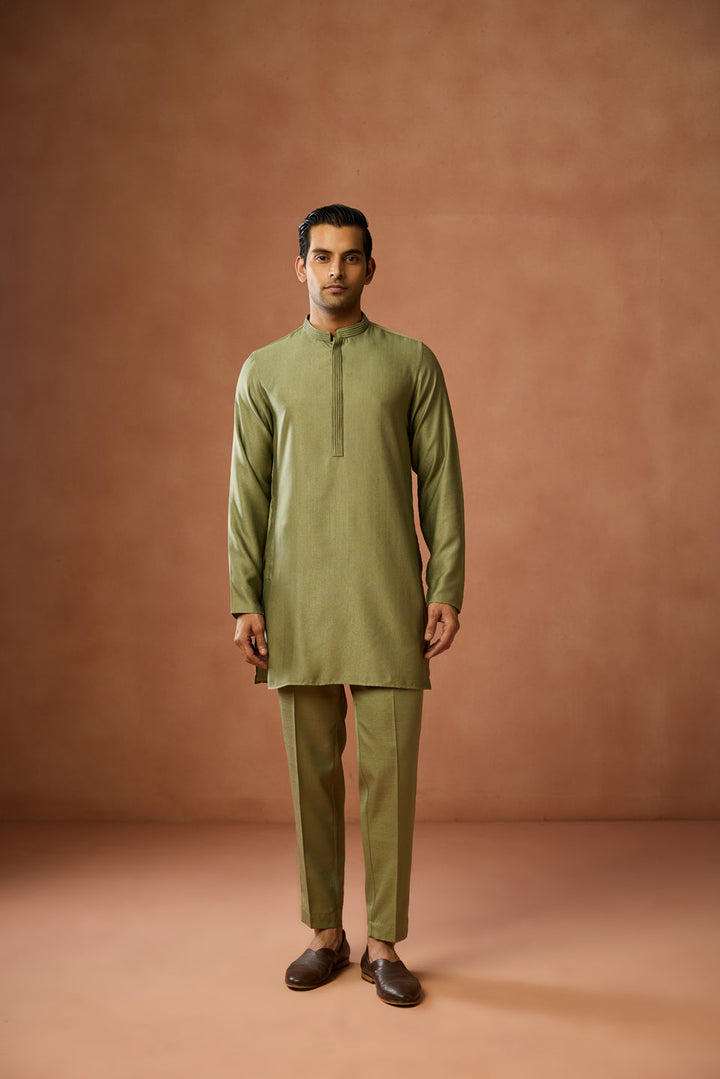 Olive Green Silk Blend Mid Kurta | SHOBITAM