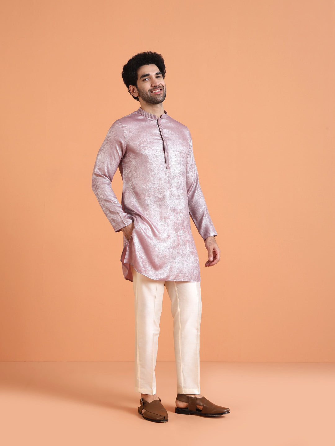 Pink Metallic Textured Cotton Silk Kurta For Men | SHOBITAM