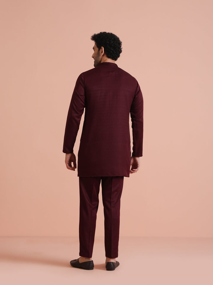 Wine Poly Silk Solid Mid Kurta For Men | SHOBITAM
