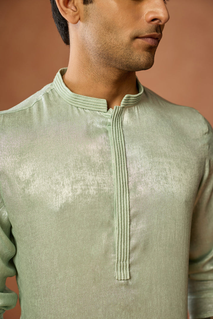 Mint Green Silk Blend Solid Mid Kurta For Men | SHOBITAM