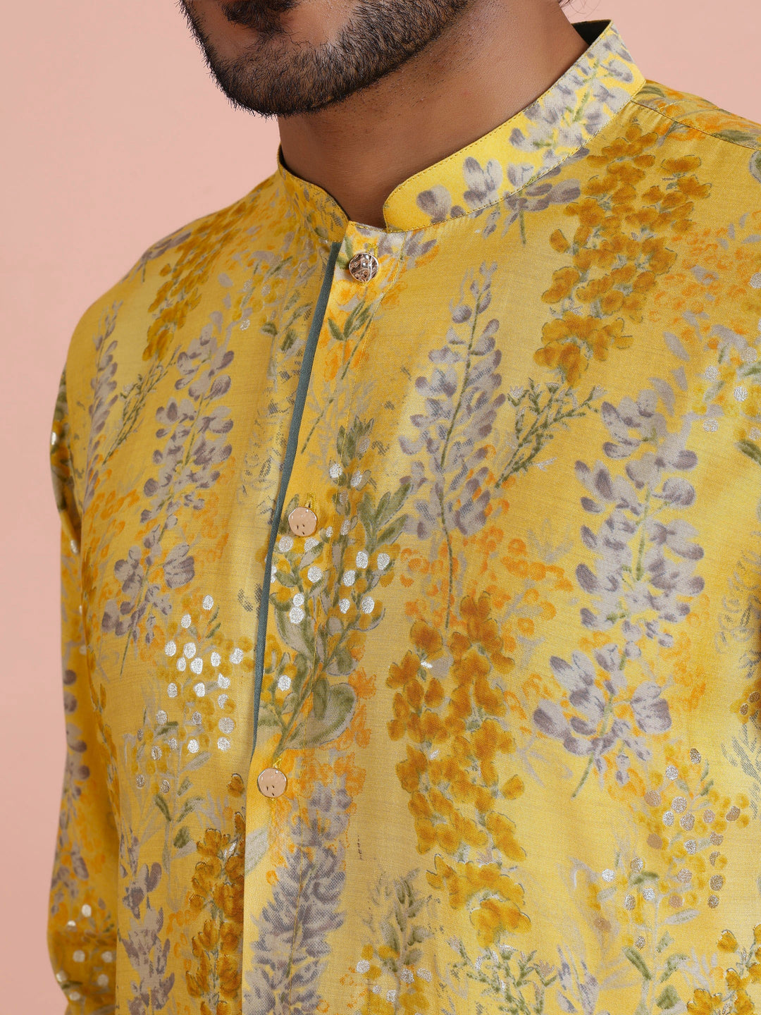 Yellow Floral Sequinned Mid Kurta | SHOBITAM
