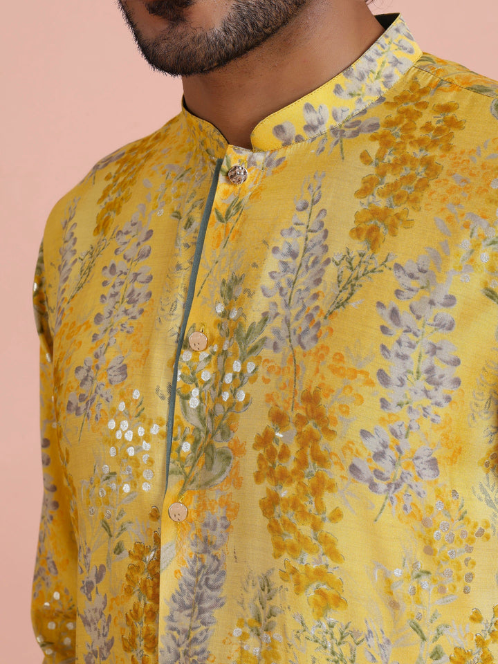 Yellow Floral Sequinned Mid Kurta | SHOBITAM