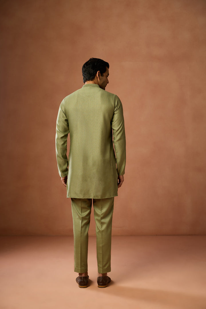 Olive Green Silk Blend Mid Kurta | SHOBITAM