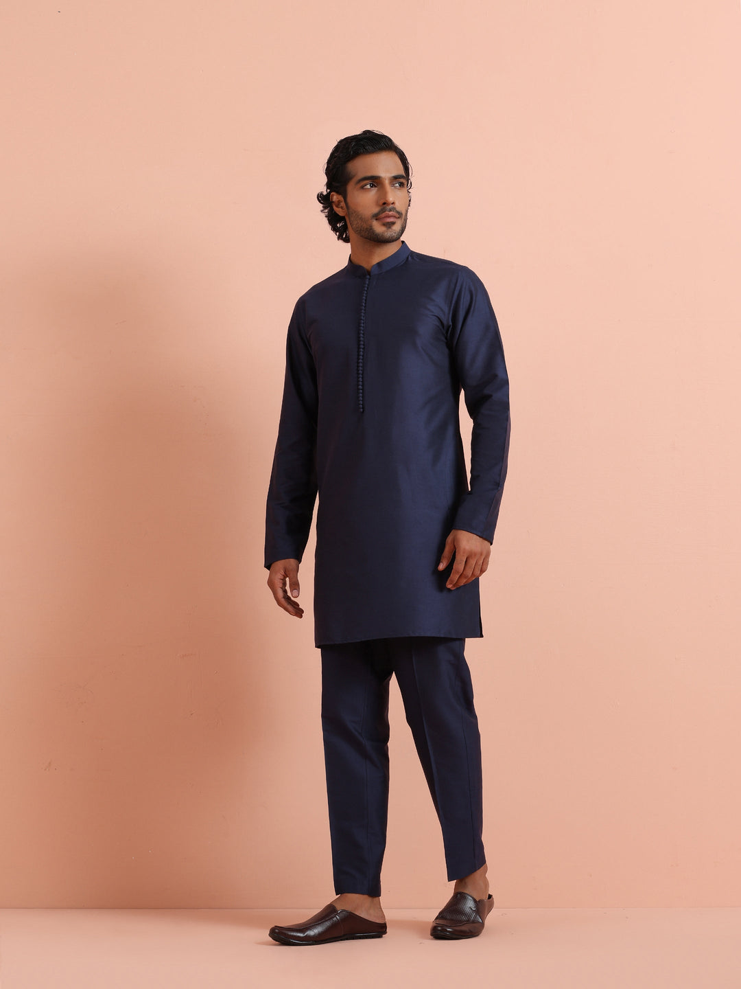 Solid Navy Mid Kurta For Men | SHOBITAM