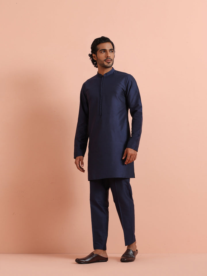 Solid Navy Mid Kurta For Men | SHOBITAM