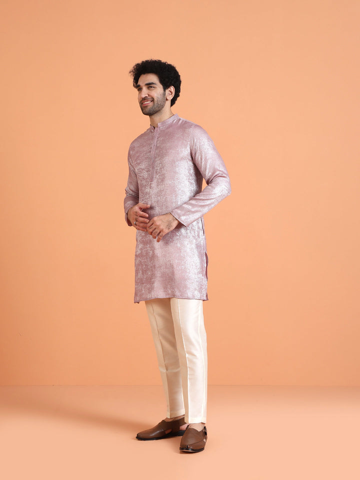 Pink Metallic Textured Cotton Silk Kurta For Men | SHOBITAM