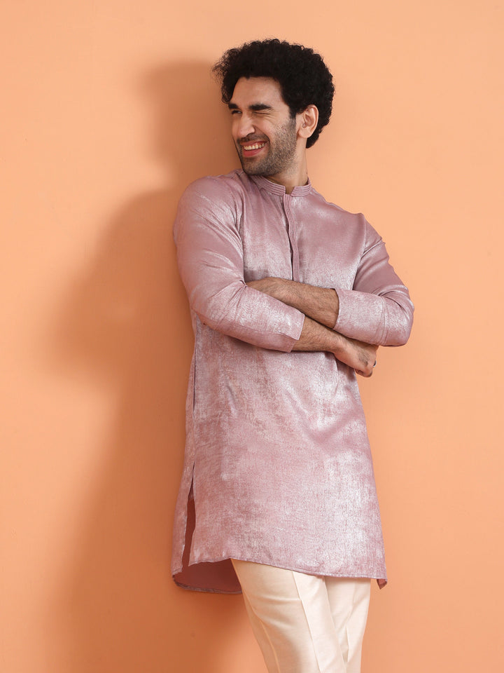Pink Metallic Textured Cotton Silk Kurta For Men | SHOBITAM