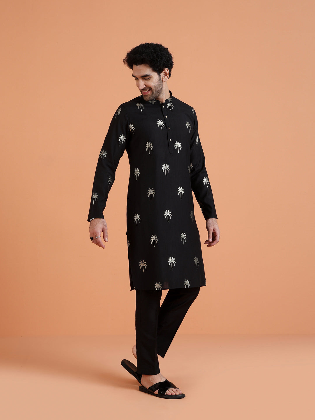 Black Cotton Silk Printed Kurta For Men | SHOBITAM