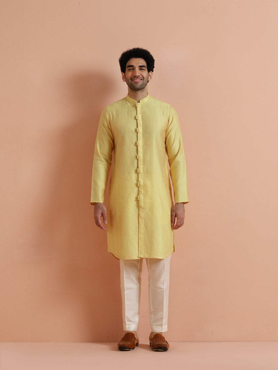 Yellow Jacquard Woven Kurta For Men | SHOBITAM