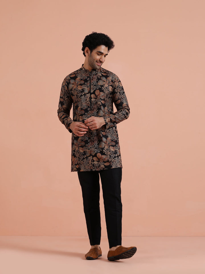Black Kurta with Golden Floral Print For Men | SHOBITAM