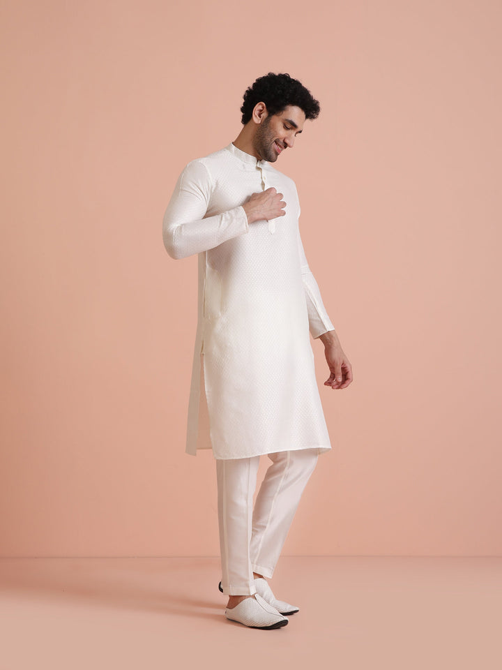 Cream Jacquard Silk Blend Kurta Trouser Set | SHOBITAM
