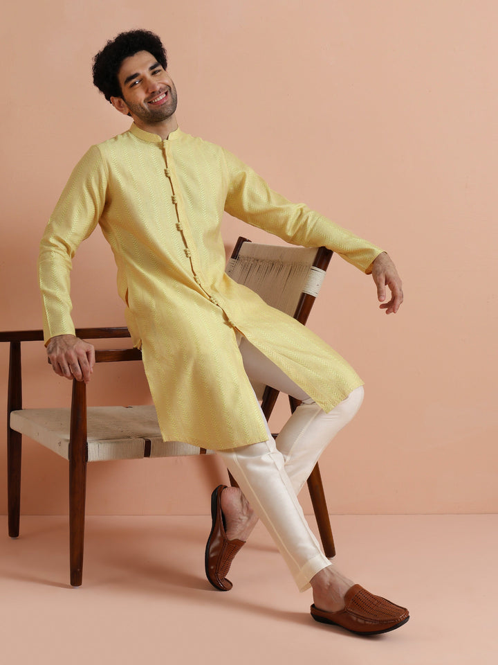 Yellow Jacquard Woven Kurta For Men | SHOBITAM