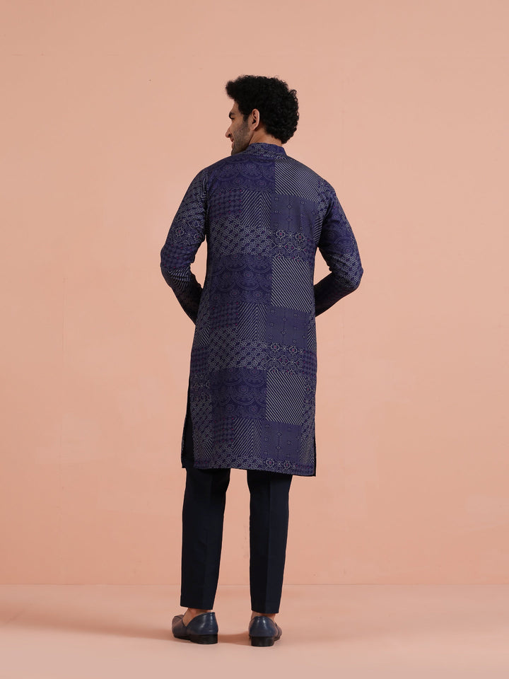 Navy Blue Art Silk Printed Long Kurta | SHOBITAM