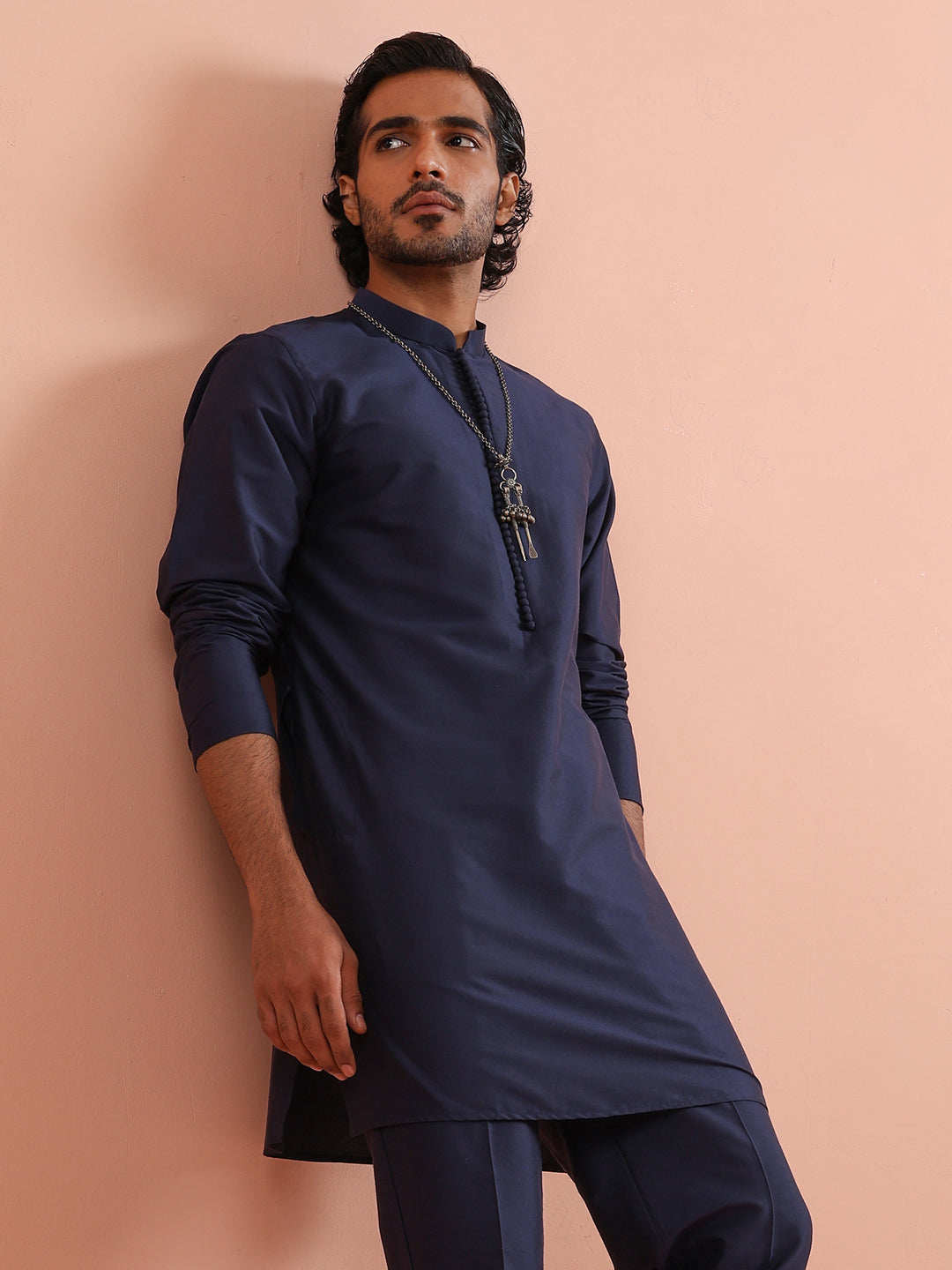 Solid Navy Mid Kurta For Men | SHOBITAM