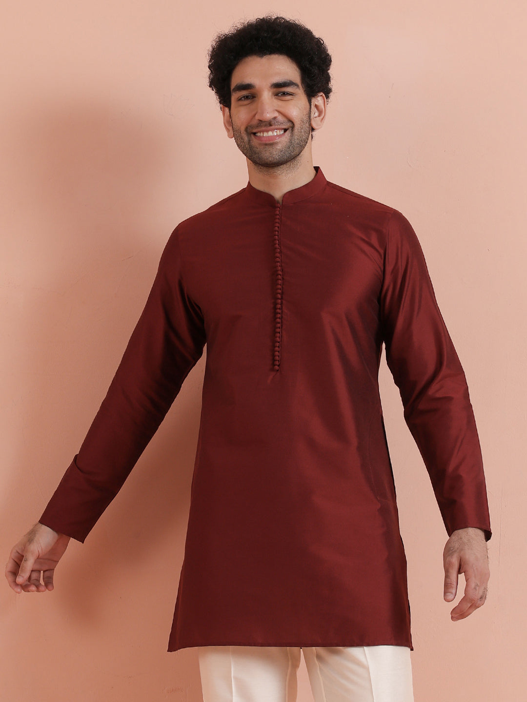Solid Maroon Mid Kurta For Men | SHOBITAM
