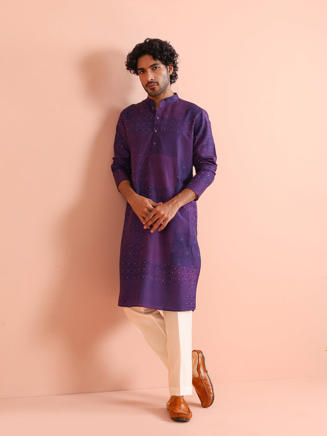 Purple Geometric Printed Kurta in Cotton | SHOBITAM