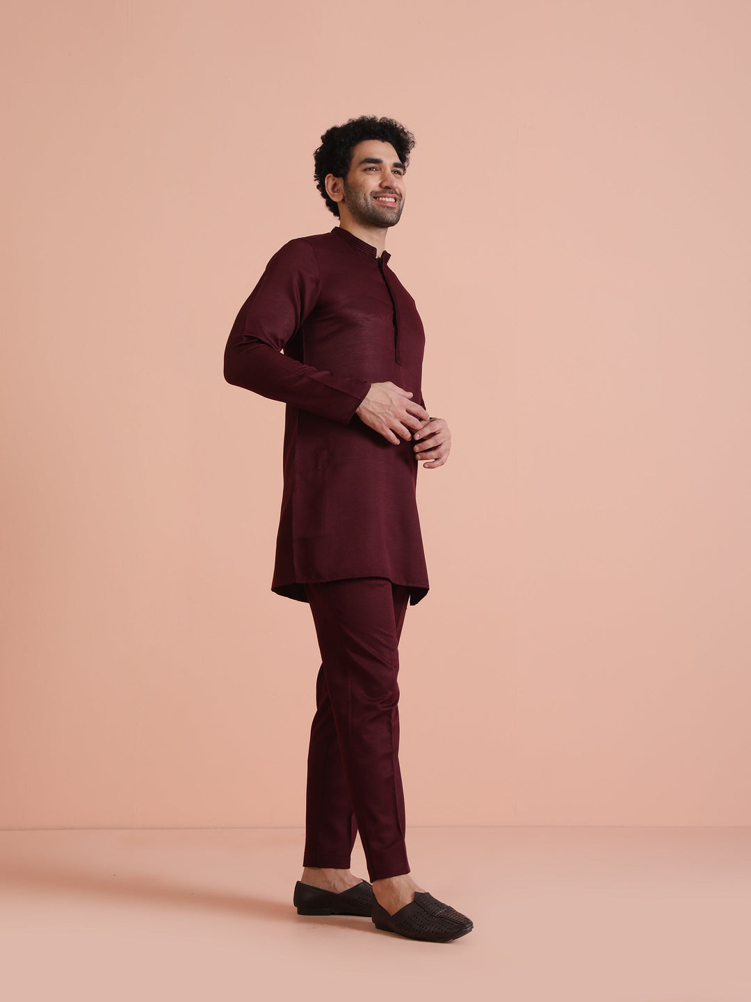 Wine Poly Silk Solid Mid Kurta For Men | SHOBITAM