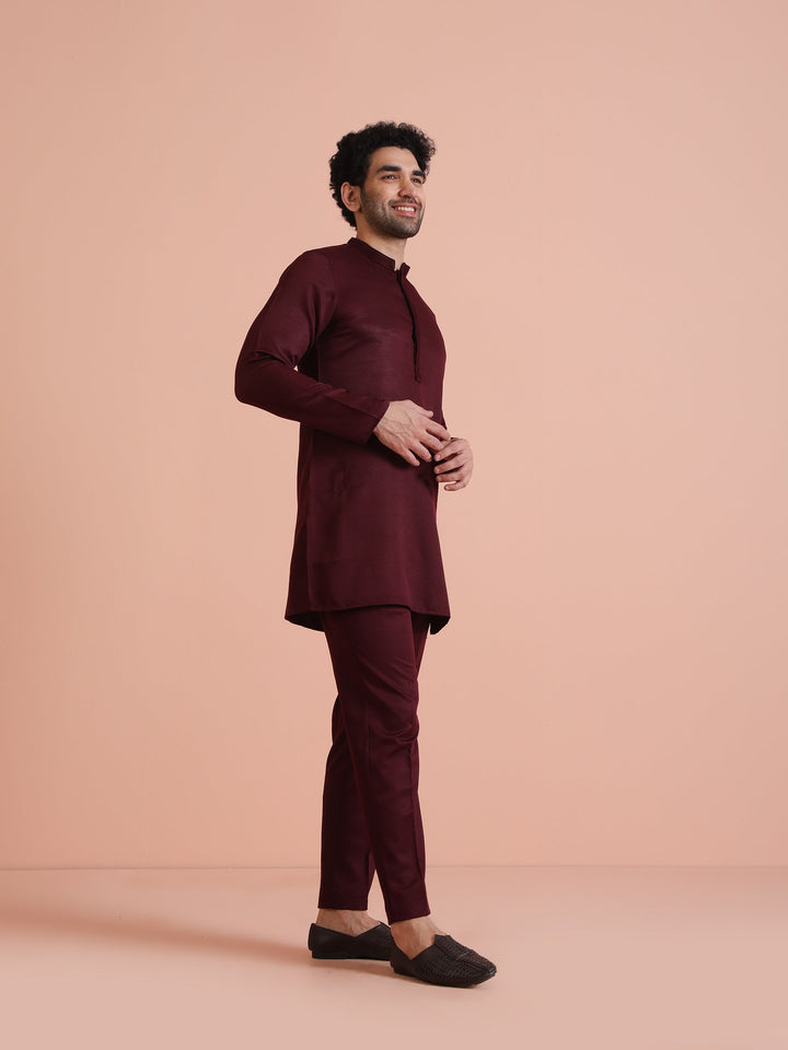 Wine Poly Silk Solid Mid Kurta For Men | SHOBITAM