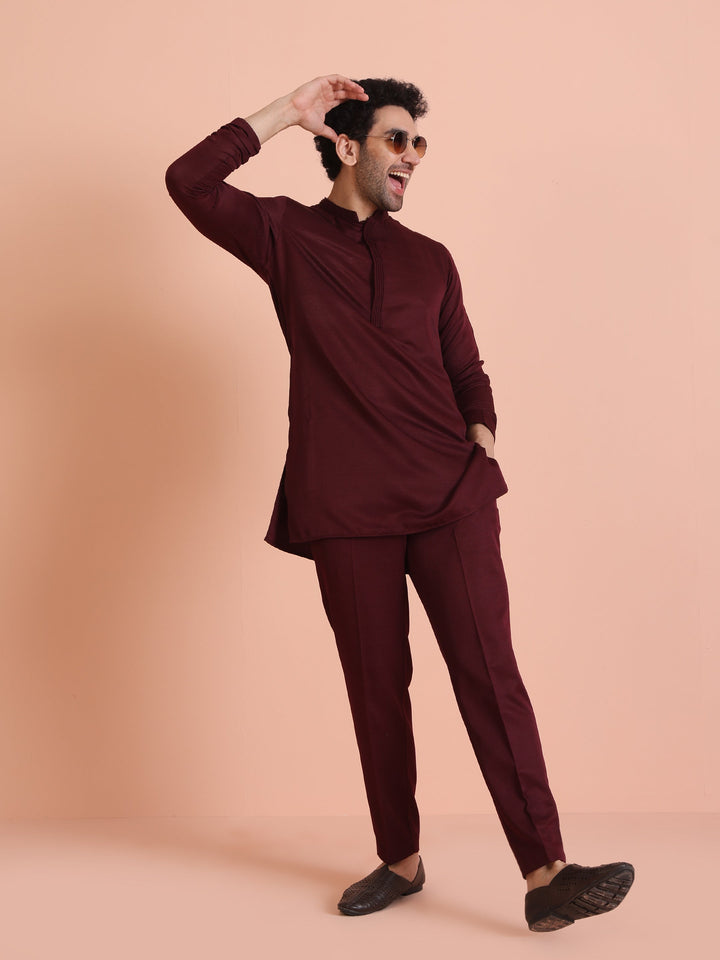 Wine Poly Silk Solid Mid Kurta For Men | SHOBITAM