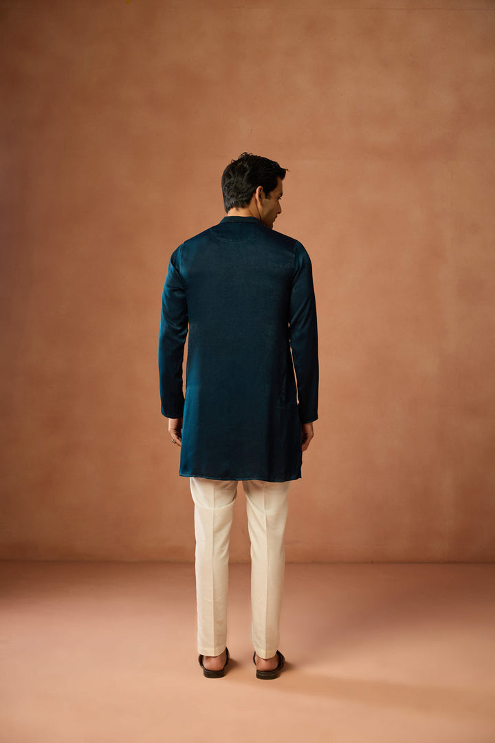 Navy Blue Silk Blend Velvet Mid Kurta For Men | SHOBITAM