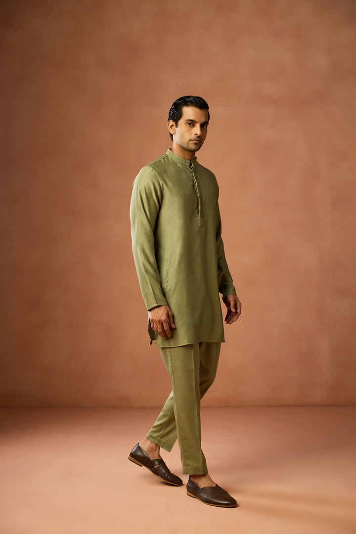 Olive Green Silk Blend Mid Kurta | SHOBITAM