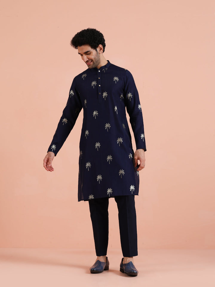 Navy Kurta with Palm Embroidery | SHOBITAM