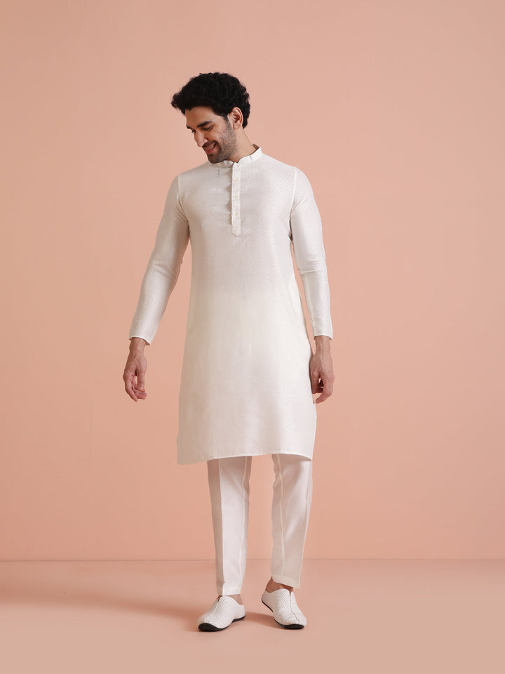 Cream Jacquard Silk Blend Kurta Trouser Set | SHOBITAM