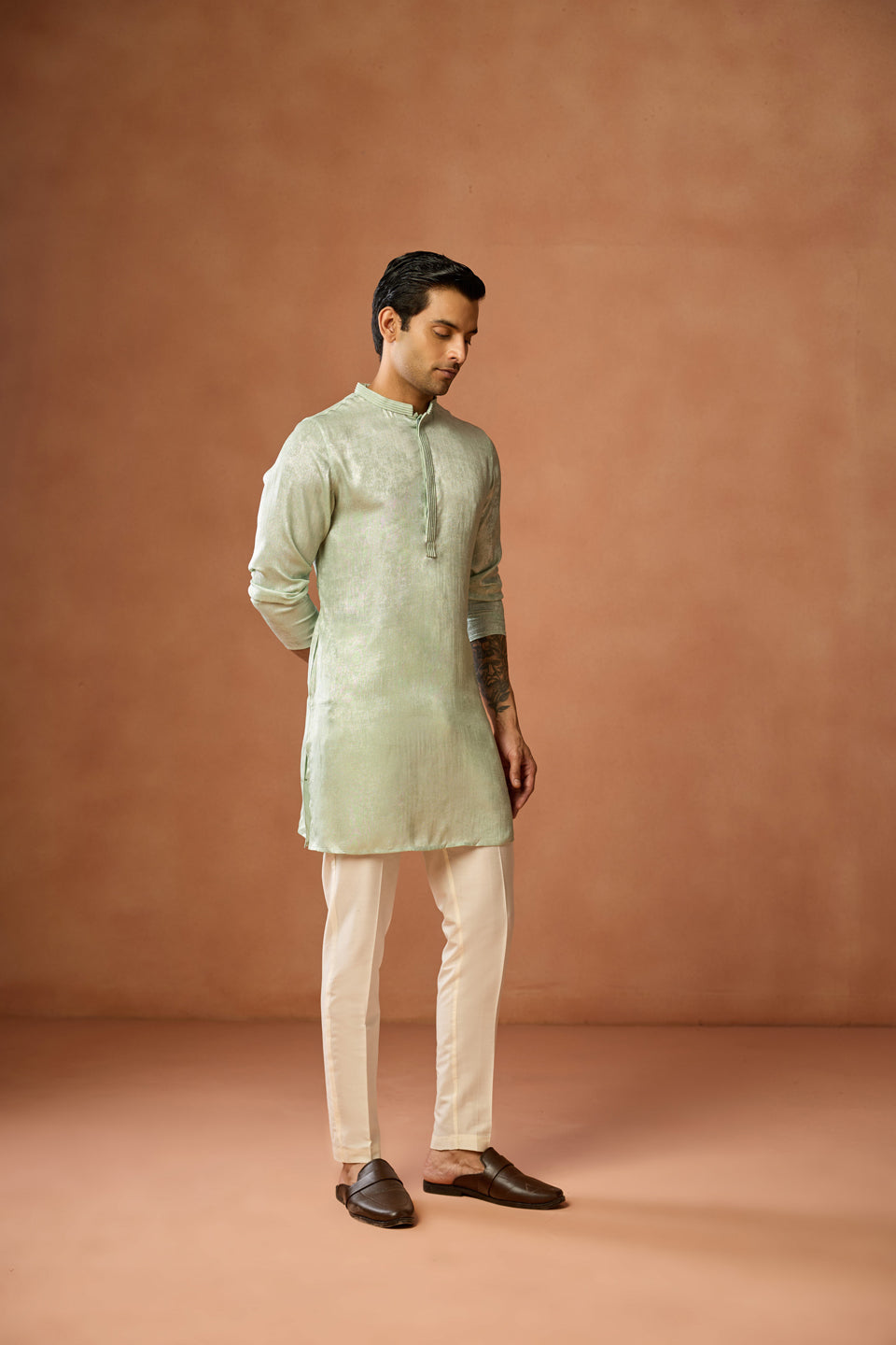 Mint Green Silk Blend Solid Mid Kurta For Men | SHOBITAM