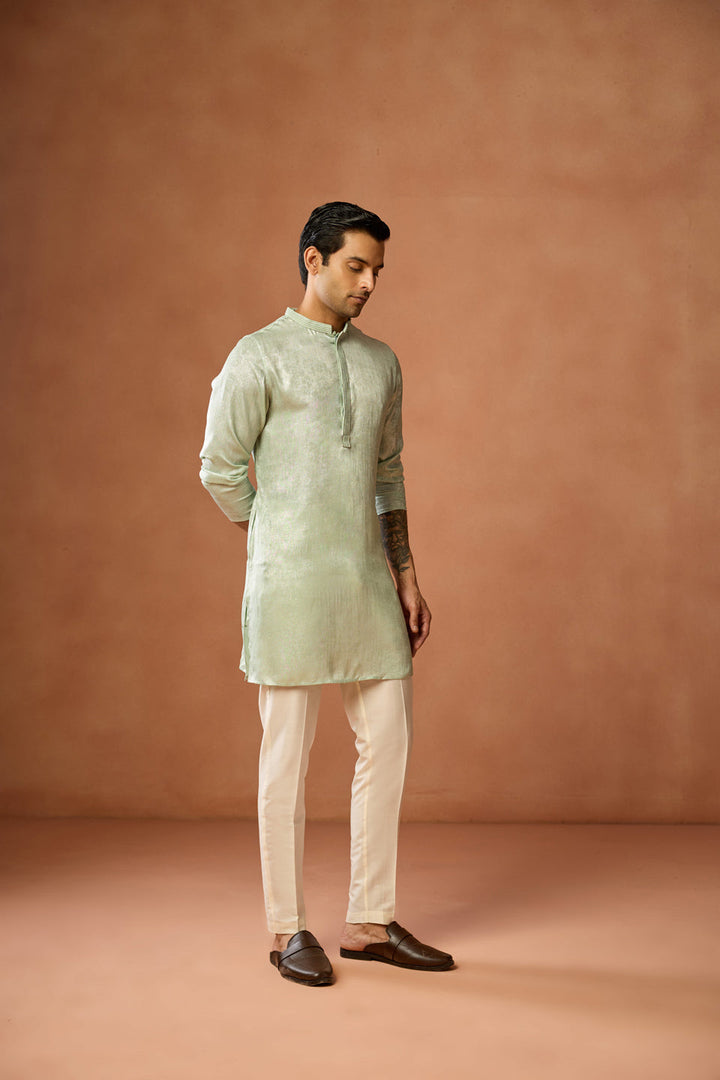 Mint Green Silk Blend Solid Mid Kurta For Men | SHOBITAM