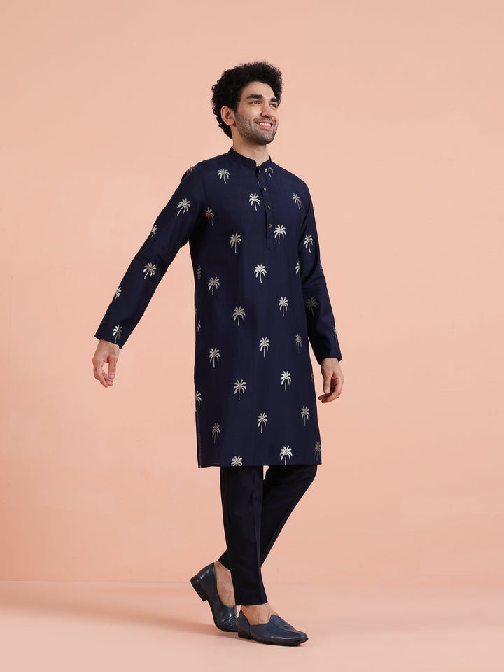 Navy Kurta with Palm Embroidery | SHOBITAM