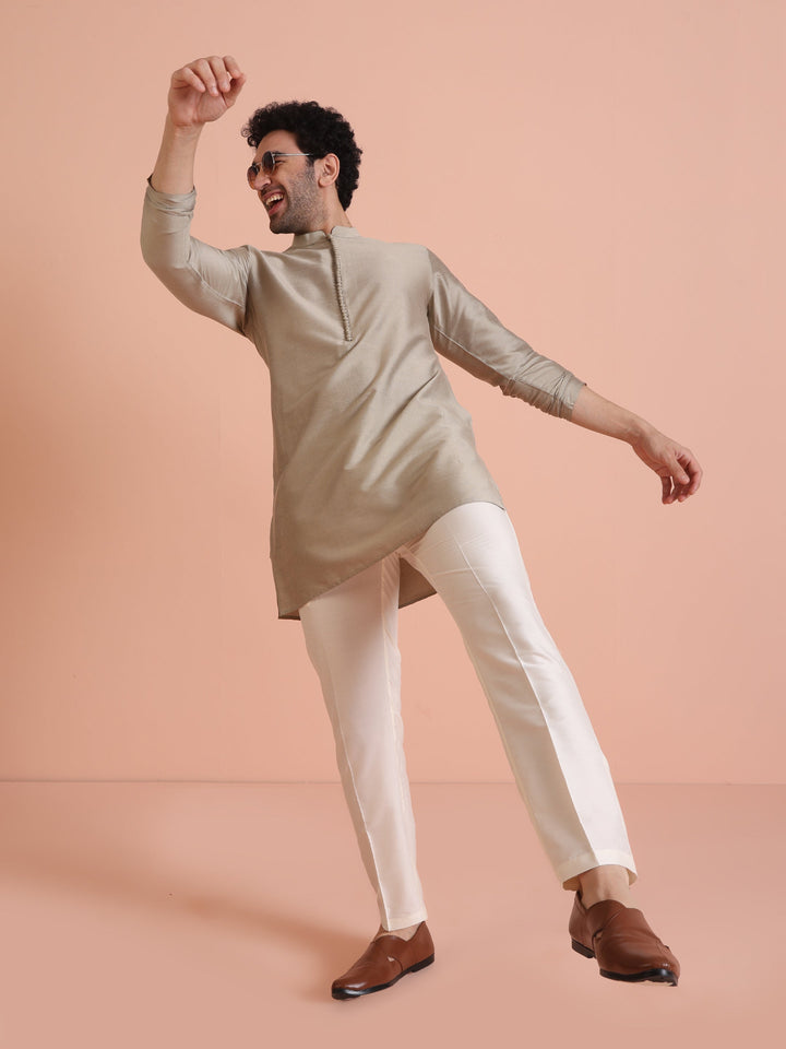 Grey Poly Silk Embellished Kurta Trouser Set | SHOBITAM